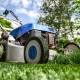Push lawnmower on a fresh cut green lawn.
