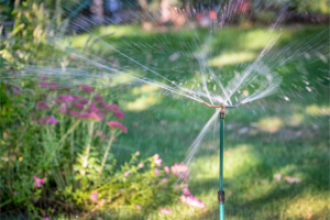 Water sprinklers running on a lawn with various flowers.