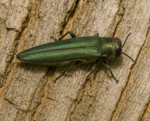 An adult Emerald Ash Borer insect on the bark of an Ash tree in Minnesota.