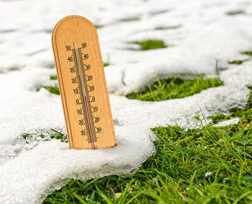 A thermometer in a grass lawn with melting snow.
