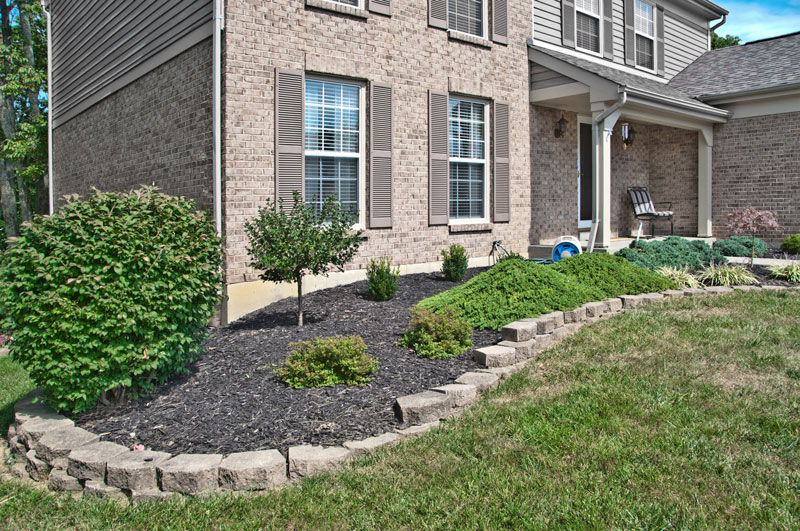 A mulch bed with ornamental plants surrounding a house.