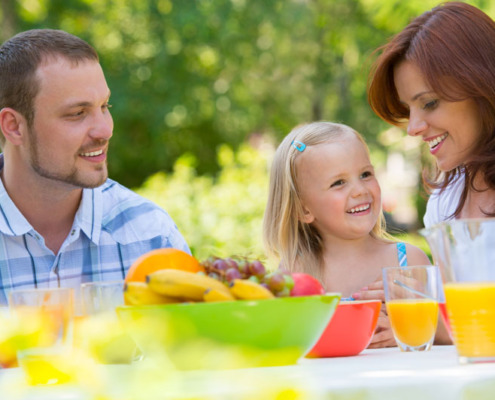 A family enjoying a backyard picnic.