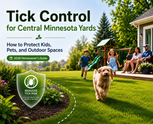 Central Minnesota backyard with kids and dog illustrating tick control for lawns, pets, and outdoor spaces