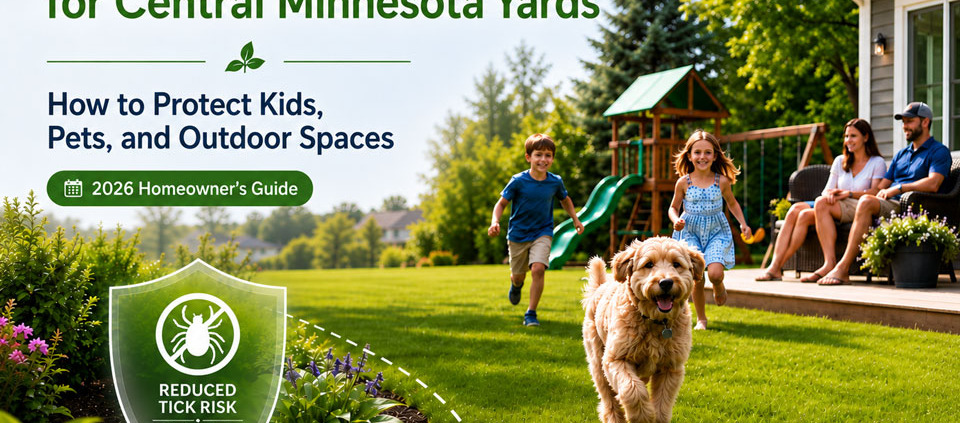 Central Minnesota backyard with kids and dog illustrating tick control for lawns, pets, and outdoor spaces