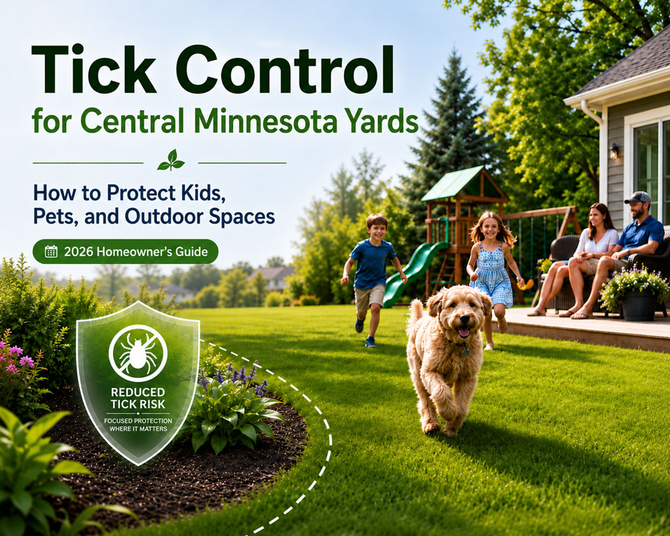 Central Minnesota backyard with kids and dog illustrating tick control for lawns, pets, and outdoor spaces